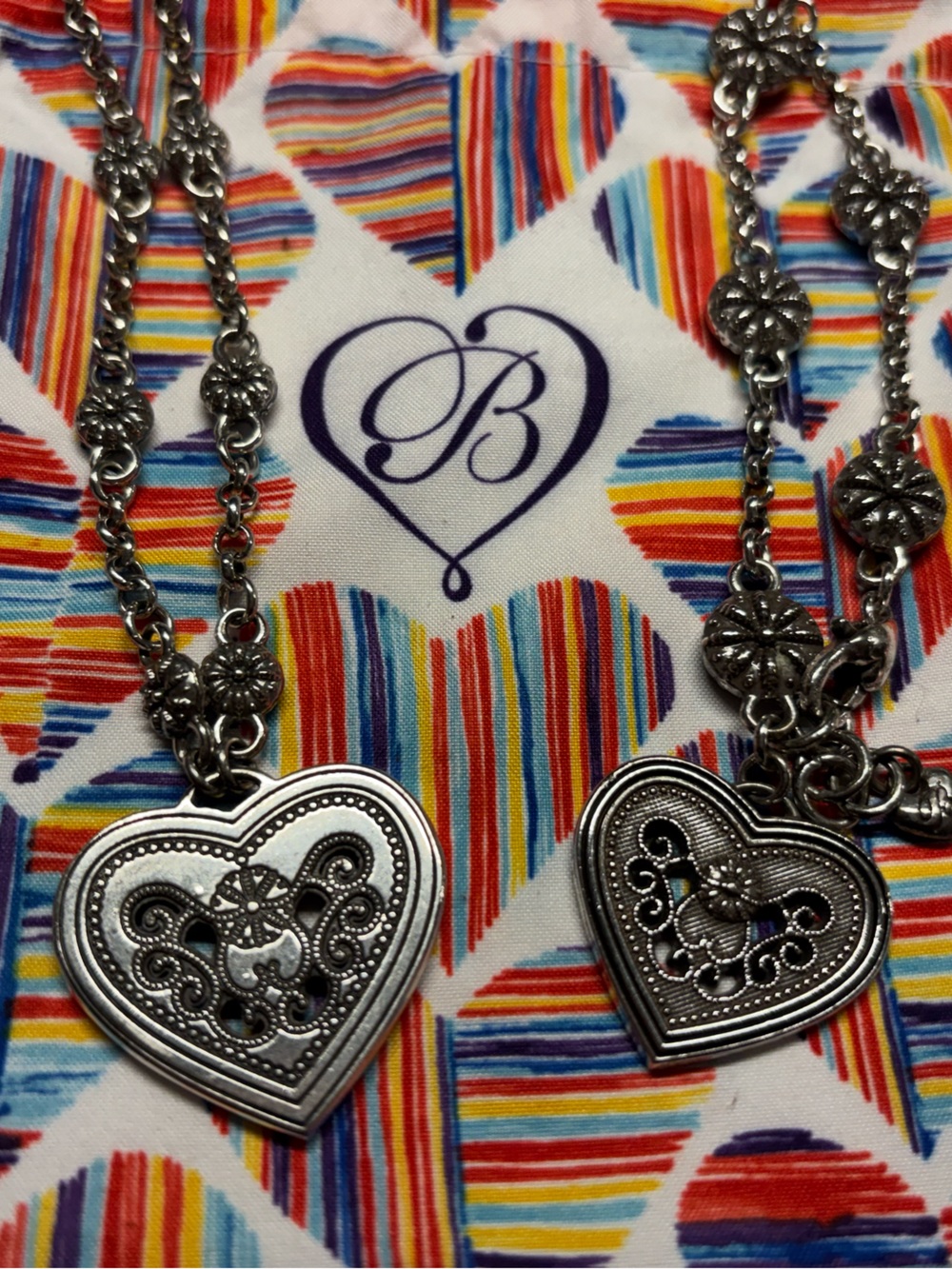Brighton Silver Heart Necklace and Bracelet with Striped Heart Pouch